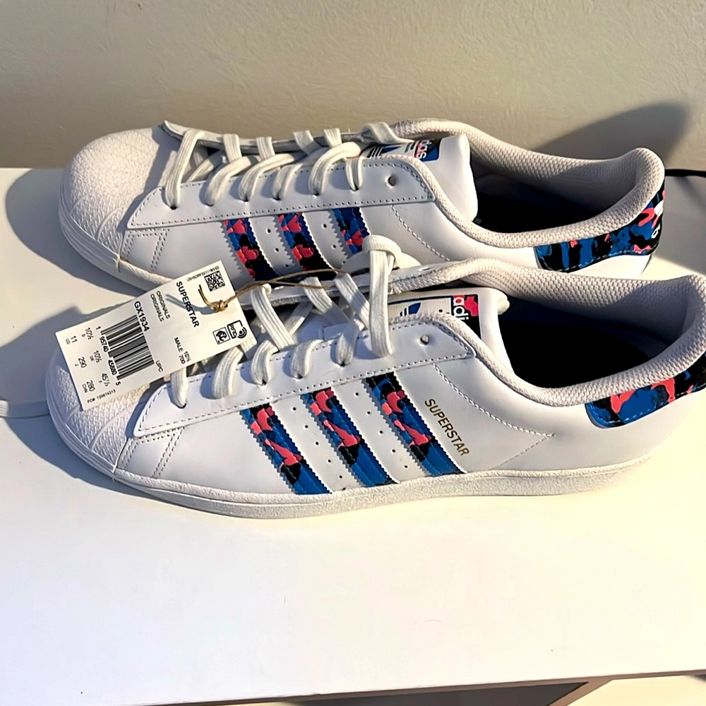 Discontinued Adidas Shelltoe Size 11 White with Black Blue and Pink camo